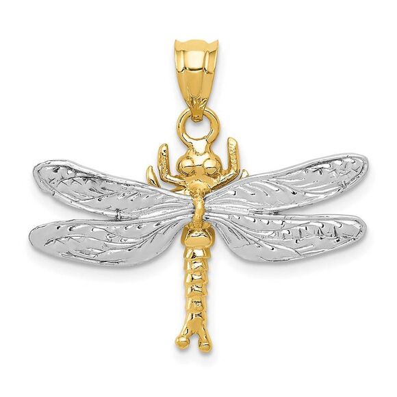 14k Two Tone Gold 28mm Textured Dragonfly Pendant - Picture 1 of 4